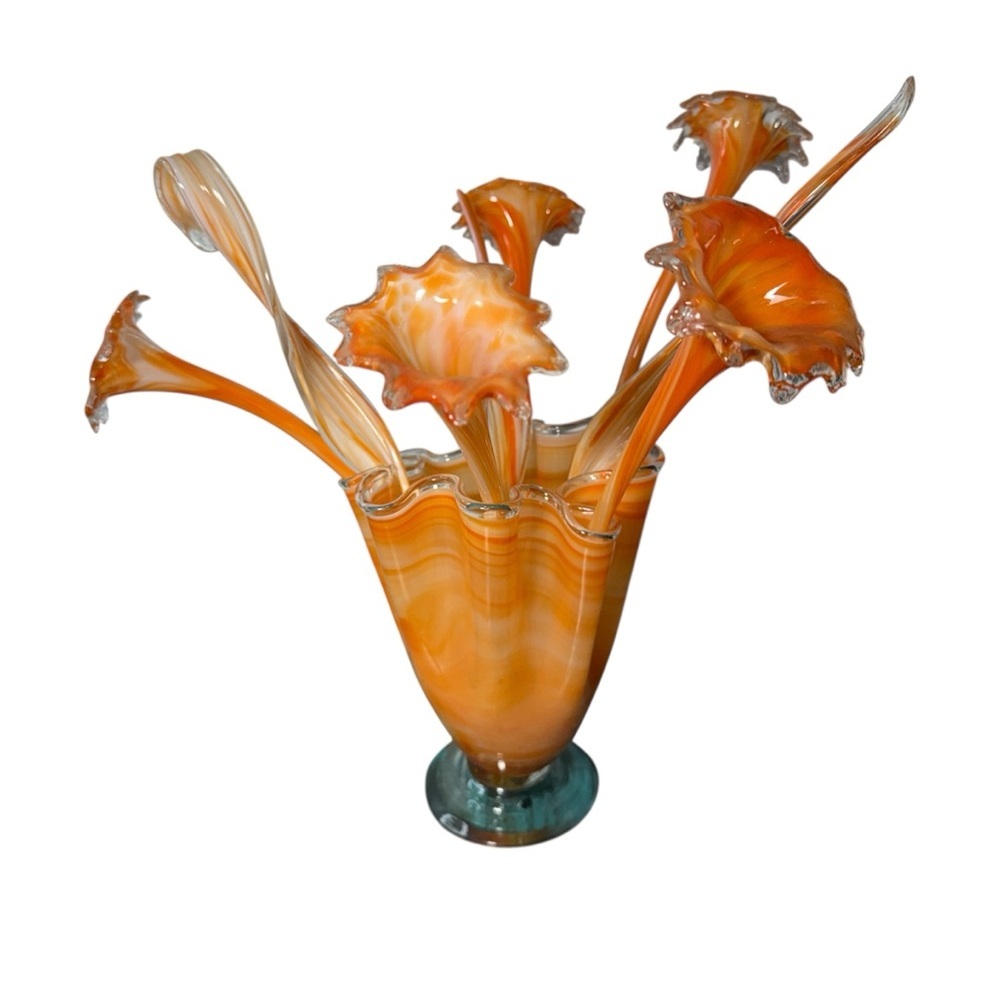 Vintage Murano Style Hand Blown Art Glass Vase Trumpet Flowers Long Stem Orange